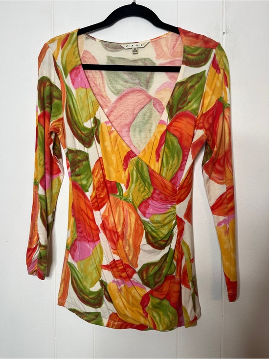 CAbi Tops - CAbi Vibrant Floral Wrap-Front Long Sleeve Tunic in Orange, Pink & Green Size M